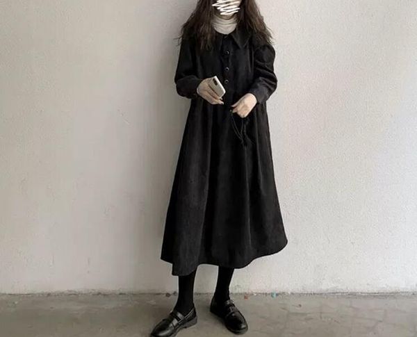 

casual dresses women dress doll collar long plus size vintage autumn winter loose office worker a warm black yruy67, Black;gray