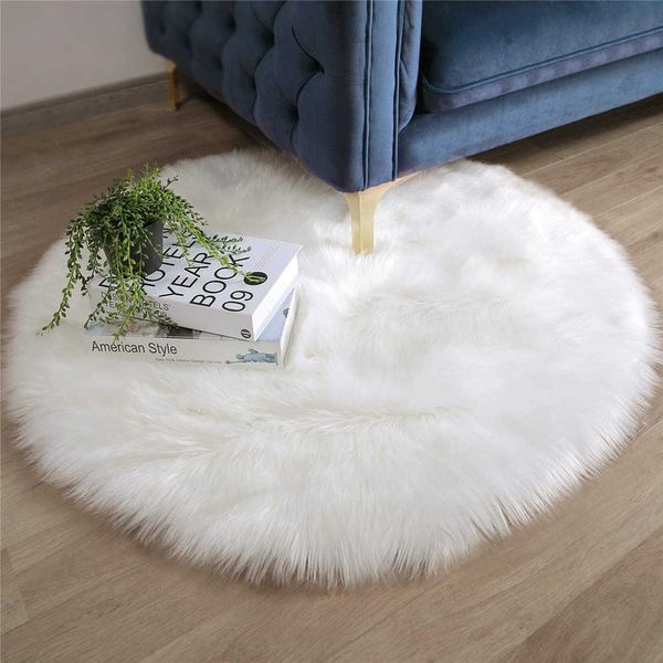 Faux Fur Borgonha Borgonha Área Redonda Tapete Fluffy Indoor Tapete para dormitório Dormitório Crianças Crianças Bebê Living Home Decore White 210626