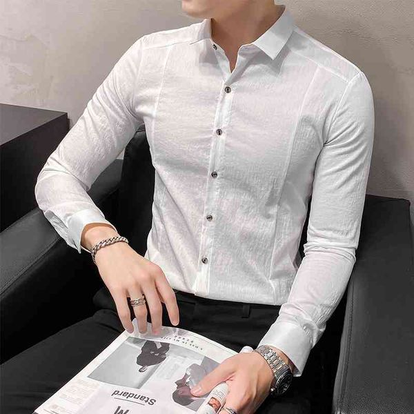 

business dress shirts men long sleeve slim fit casual shirt solid color formal social party streetwear blouse chemise homme 210527, White;black