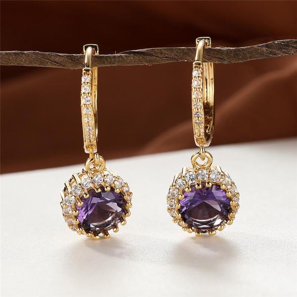 

hoop & huggie vintage gold color earrings dainty purple crystal round stone bridal wedding engagement for women jewelry, Golden;silver