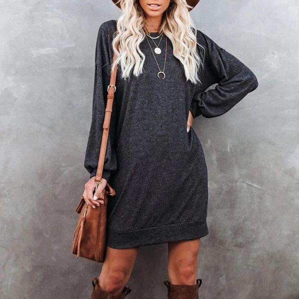 

casual dresses 2021 autumn women sweater dress women's pockets solid color mini round neck long sleeve clothes, Black;gray