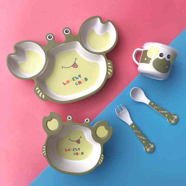 

5pcs/set children feeding tableware set cartoon crab bamboo fiber bowl gridded dinner plate+cup+spoon+fork g1210