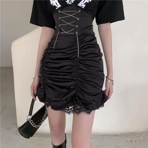 

skirts houzhou mall goth lace wrap skirt women gothic punk black shirring lace-up high waist mini dark academia alt summer