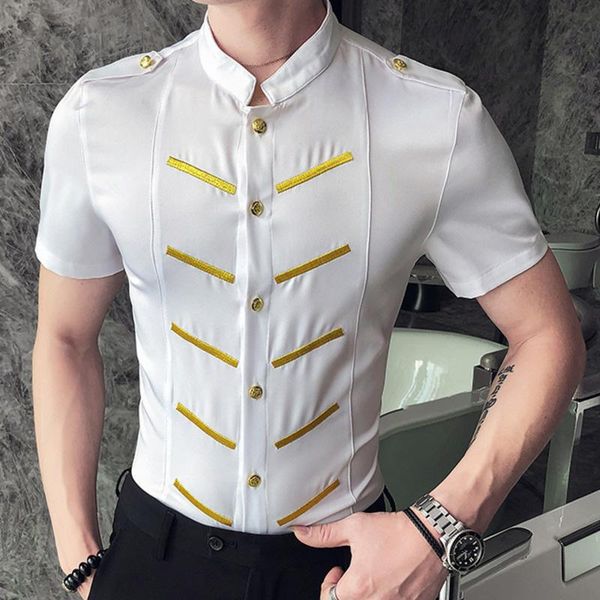 

men's casual shirts luxury embroidery tuxedo men slim fit dress summer camisa social masculina short sleeve party prom shirt, White;black