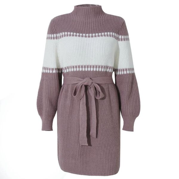 

casual dresses autumn and winter knitted dress half high neck long sleeve color matching 2021 ladies belt black white pencil skirt, Black;gray