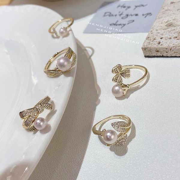 

cluster rings mengjiqiao korean delicate zircon flower plant open adjustable for women girls elegant pearl finger knuckle ring jewelry, Golden;silver