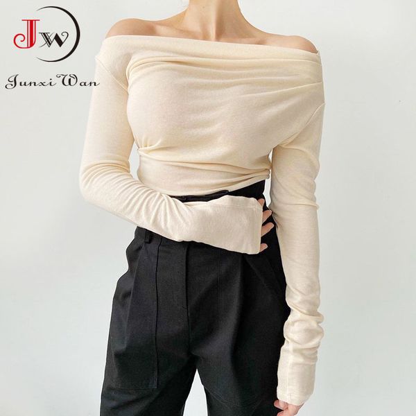 

fashion solid women blouse shirt female slash neck basic soft pullovers casual long sleeve pull femme 210510, White