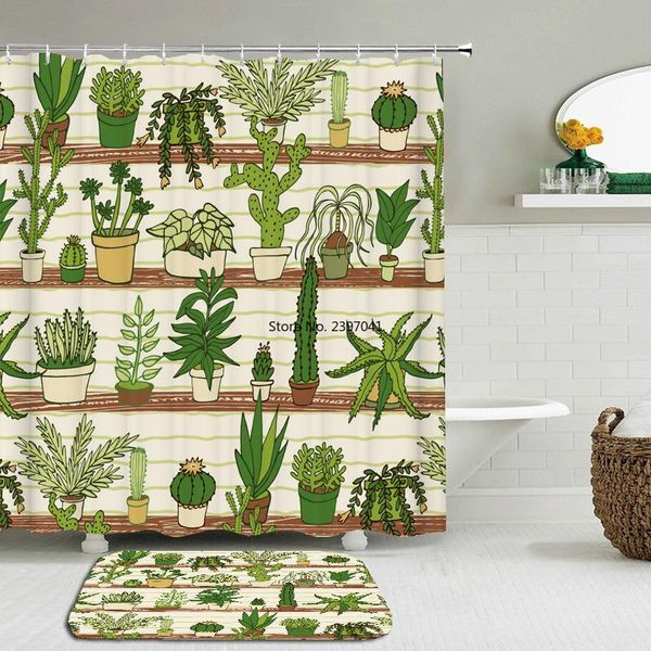 

shower curtains 2pc set cactus flower bathroom waterproof polyester with rectangle non-slip floor mat bath curtain