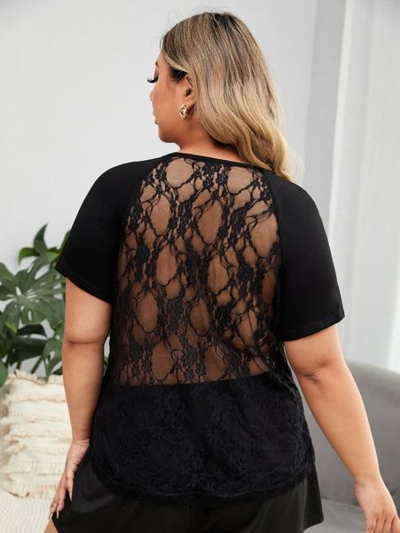 

plus 1pc contrast lace sheer back sleep r9jo#, Black;white