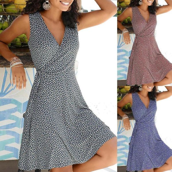 

fashon women's tank dress summer casual polka dot print sleeveless v-neck cross high waist slim midi vestidos#35 dresses, Black;gray