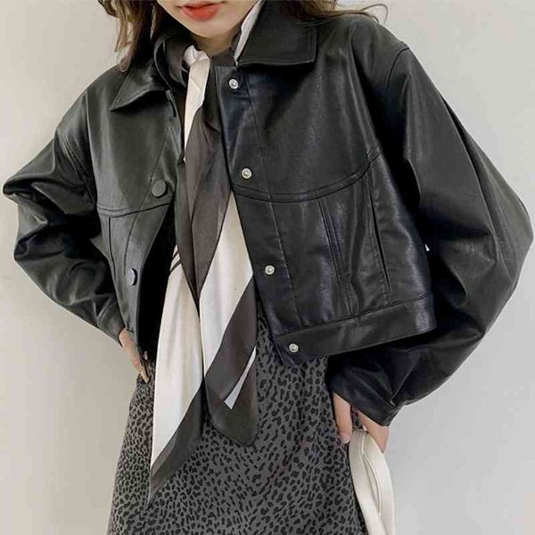 

women's leather & faux black jacket women korean fashion harajuku coat female vintage elegant streetwear white short moto c2bp