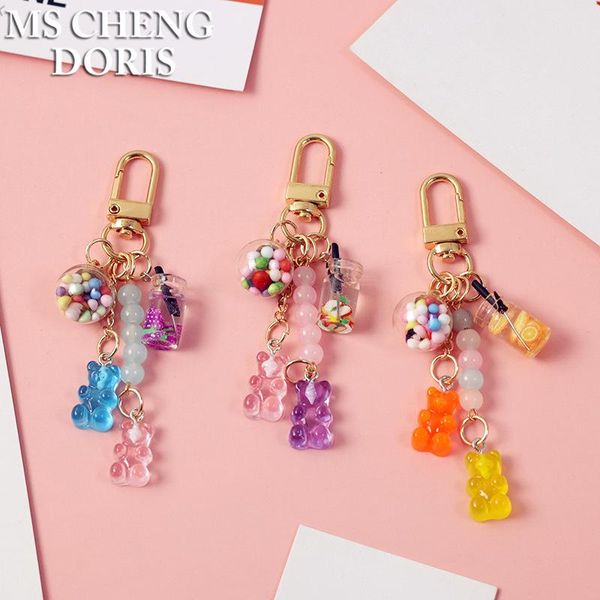 

keychains bear key chain cute resin gummy fruits wishing bottle candy color animal charms girls jewelry pendant ring for gift, Silver