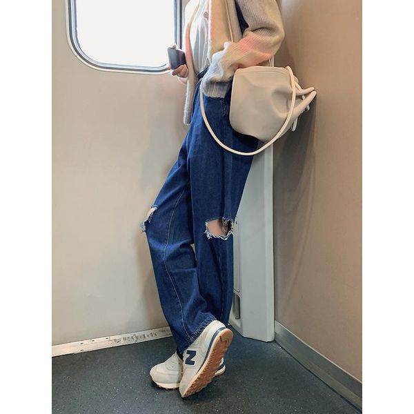 

women's jeans denim pants pierced high waist design sense of minority loose wide leg, Blue