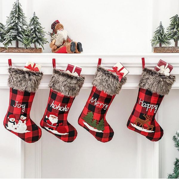 

christmas decorations stockings holders red plaid lovely cartoon family hanging crafts for xmas holiday party figurine