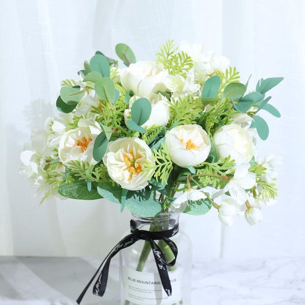 Fiori decorativi Corone Bianco Rosa Artificiale di alta qualità Bouquet Peony Bouquet per la decorazione di nozze domestica di Natale FAI DA TE artigianale falso