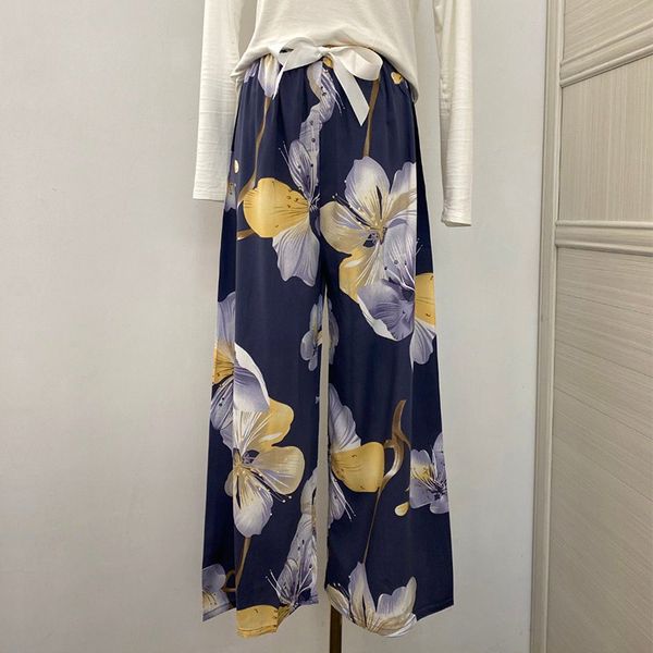 

women's sleepwear summer cotton silk printed wide legged pants thin large loose pajamas, Black;red