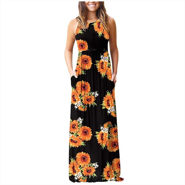 

sunflower printed loose sleeveless bohemian women dress long with pocket vestido de mujer, Black;gray