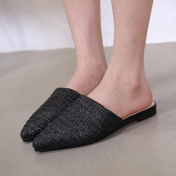 

slippers 2021 cane pointed toe slip on slides mules shoes flat for women walking casual comfort fashion, Black