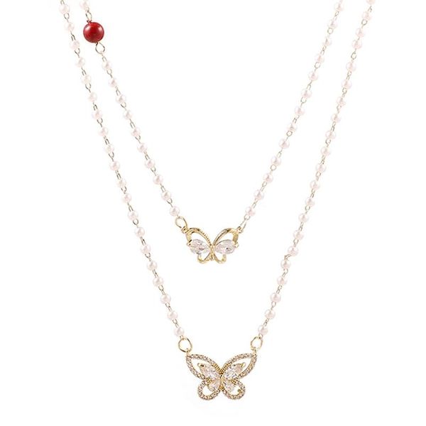 

pendant necklaces light luxury temperament micro-inlaid zircon necklace female butterfly double-layer pearl stacked clavicle chain, Silver