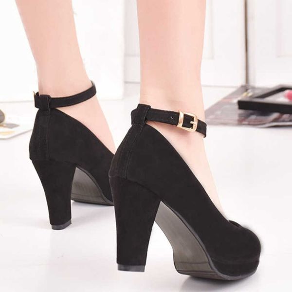 

women fashion flock pumps ladies sweet thick high heels shoes female ankle strap suede mary jane woman party casual footwear y0611, Black