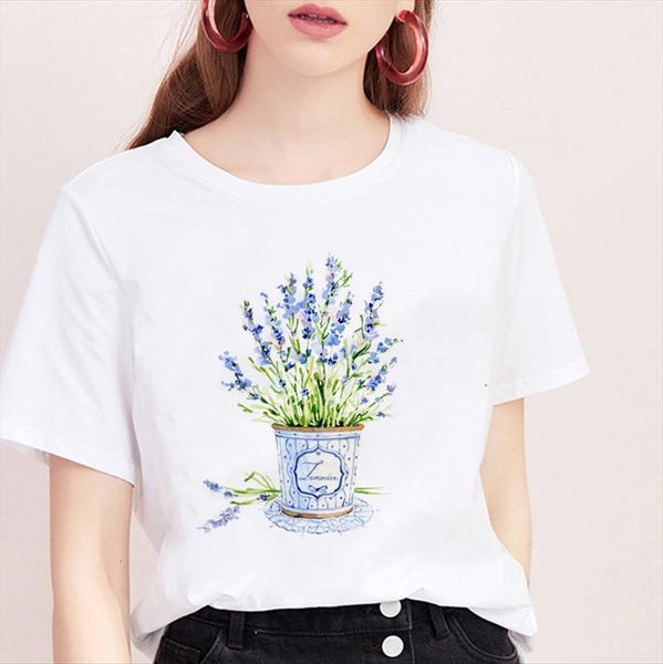

summer potted plant printed womens short sleeve clothing thin section women harajuku white