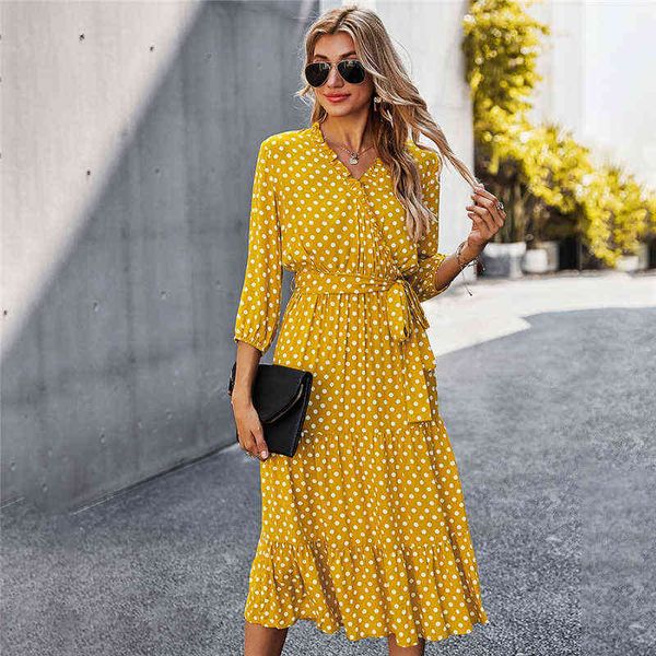 

autumn winter dot bandage dress women casual ruffles v neck high waist slim print long for 2021 new fashion, Black;gray