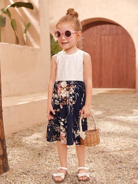 

toddler girls floral print contrast lace dress she, Red;yellow