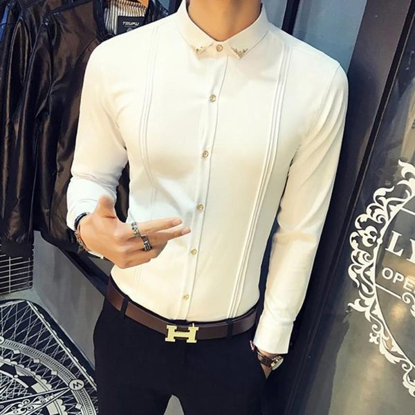 

men's dress shirts white shirt pleated solid slim fit tuxedo mens long sleeve england style casual social prom for men, White;black