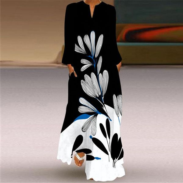 

casual dresses boho style 3d leaf print long sleeve dress 2021 autumn beach plus size woman elegant girls black women, Black;gray
