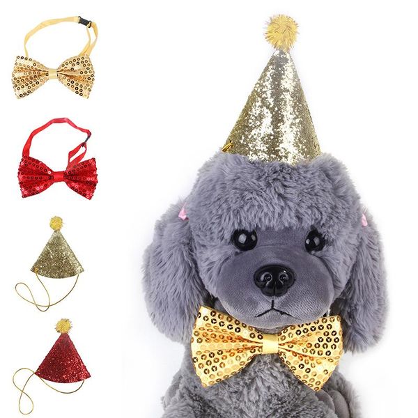 

pet birthday party accessories small dog tie bow hat sequin design apparel