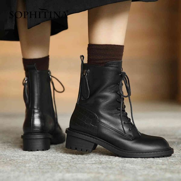 

sophitina woman punky style martin ankle boots woman genuine leather patchwork round toe low square heel boot shoe po903 210513, Black