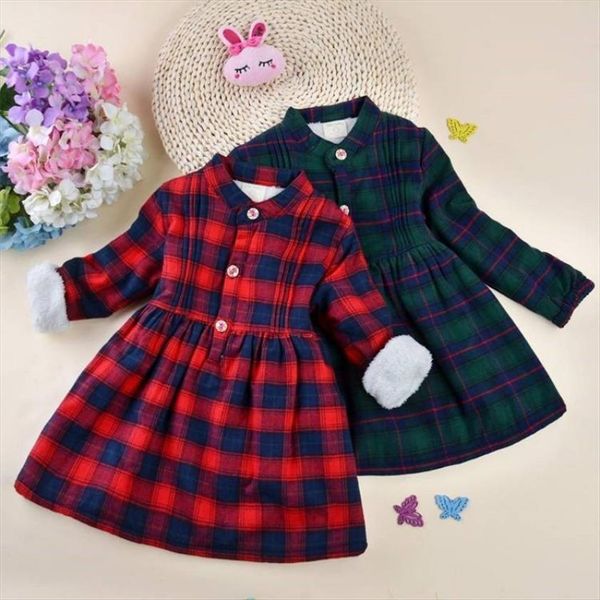 

winter casual children girls cotton girl dresses patchwork plaid print long sleeve turn down collar fall teens fleece clothes, Red;yellow
