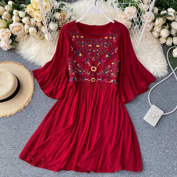 

women casual dresses retro embroidered dress female new fashion round neck flare sleeves holiday vestidos 2022, Black;gray