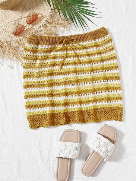 

striped drawstring cover up skirt 067s#, White;black