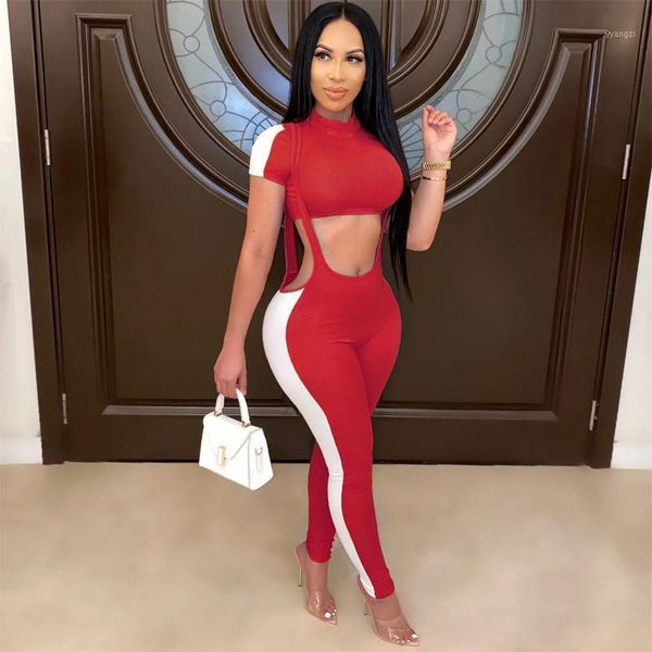 

women sport suit yoga set gym workout clothes patchwork short sleeve fitness crop + high waist slim overalls leggings 20211, White;red