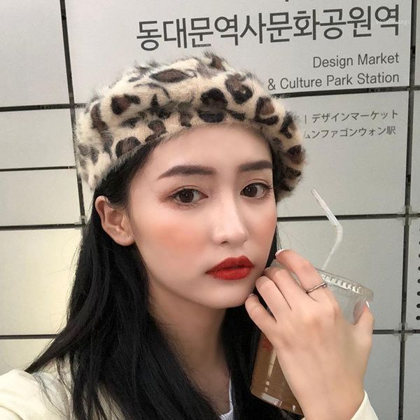 

berets fashion vintage leoparded knitted beret autumn winter fur painter cap elagent warm french hat for girl women, Blue;gray