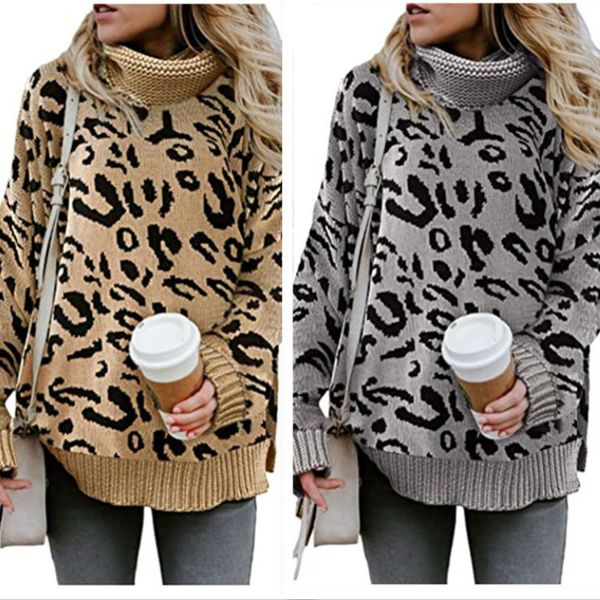 

2021 new leopard print women's turtleneck sweater, loose, multi-functional, european american fashion, autumn and winter e9oz, White;black