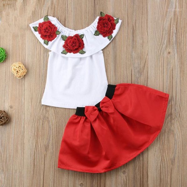 T-shirt das mulheres HEILO Aproveite as roupas de meninas Conjunto Bordado Bordado Rose Topo + Saias Roupas para Baby Girl Suits Children Verão 2021 crianças