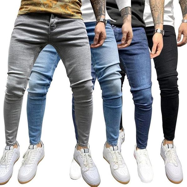 

men's jeans 2021 streetwear men elastic waist skinny stretch ripped pants mens denim blue