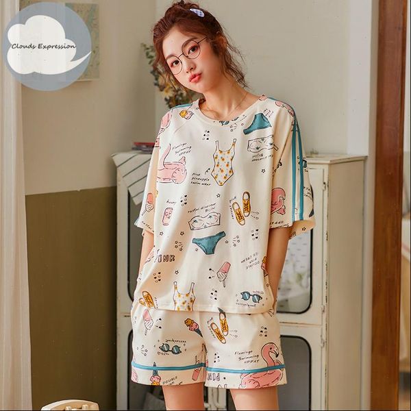 

summer knitted cotton pajama set women sleepwear couple cartoon nightwear sets pajamas lovely  2xl home fashion, Black;red