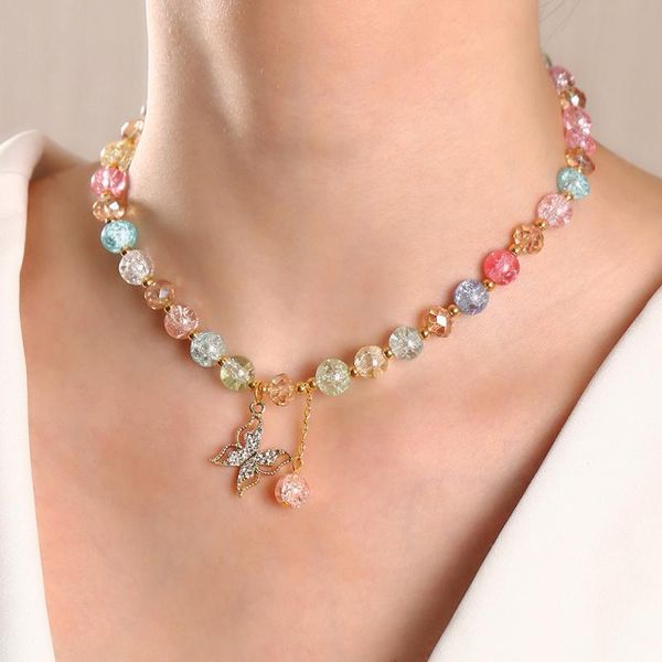 

chokers trendy korea rainbow beads chain necklace with crystals butterfly pendant charms gold neck jewelry for women party gift idea, Golden;silver