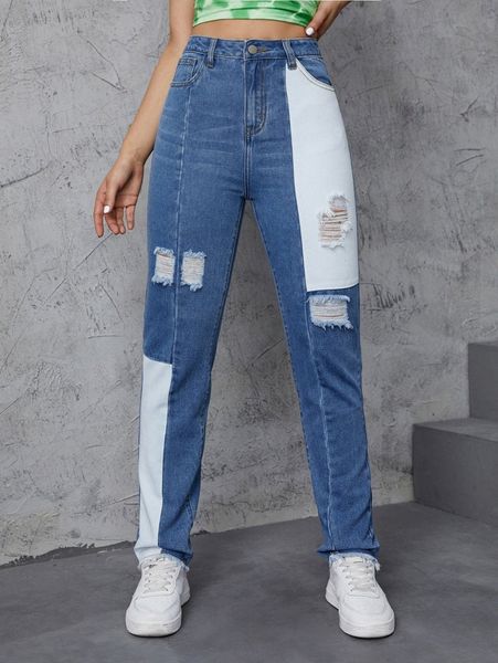 

color-block ripped raw hem jeans 09l4#, Blue