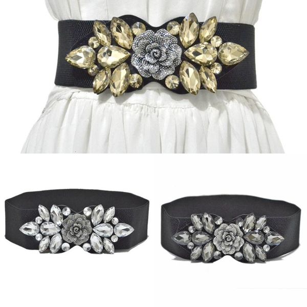 

belts for women wide floral rhinestone belt buckles stretchy elastic waist fashion design waistband ceinture, Black;brown