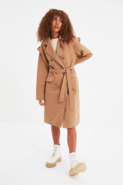 

women's trench coats trendyol kemerli twoaw22tr0010, Tan;black