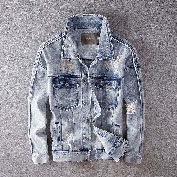 

men's jackets fashion streetwear retro light blue destroyed hip hop denim jacket men cotton coats style ripped chaqueta homme l95y uex5, Black;brown
