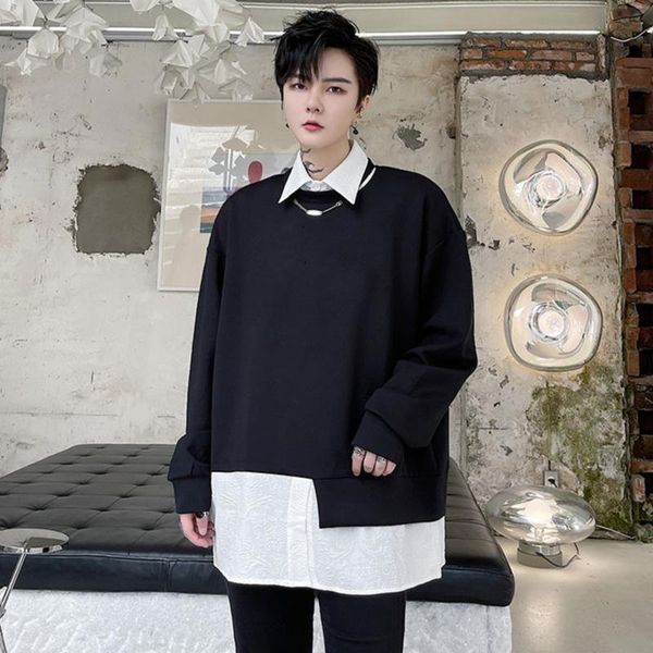 

men's casual shirts 2021 autumn shirt patchwork metal pendant pullover men's long sleeve sweatshirt style contrast color, White;black