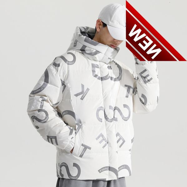 

winter white duck down jacket men glossy printing hooded coats long sleeves hip hop youth casual thick warm puffer, Black