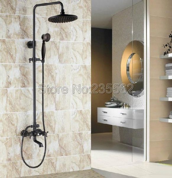 

bathroom dual cross handle rain shower faucet set mixer bathtub tap black oil rubbed bronze finish with handheld lrs381 sets