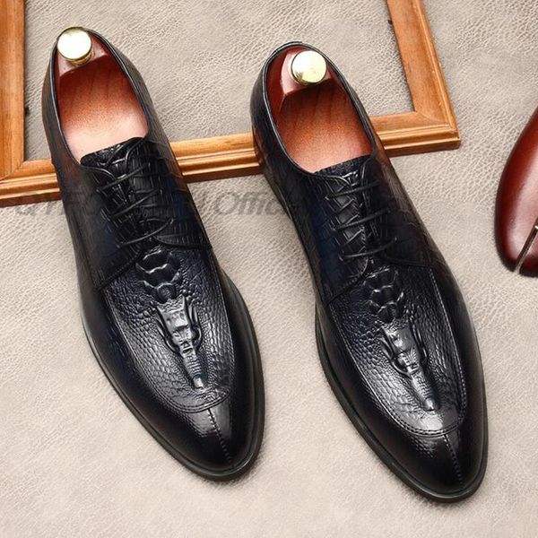 

2022 elegant mens dress shoes business crocodile oxford shoes genuine leather black blue wedding party lace up formal shoes