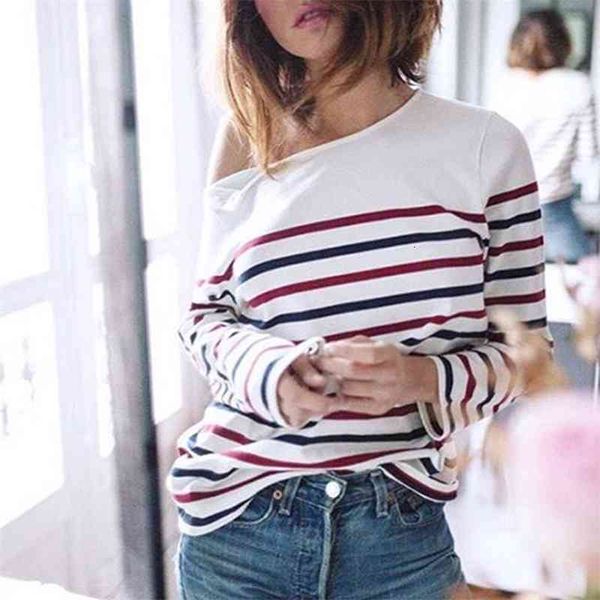 

women's t-shirt loic striped women long sleeve o neck let shoulder button casual tees summer autumn vintage t streetwear 3ob7, White